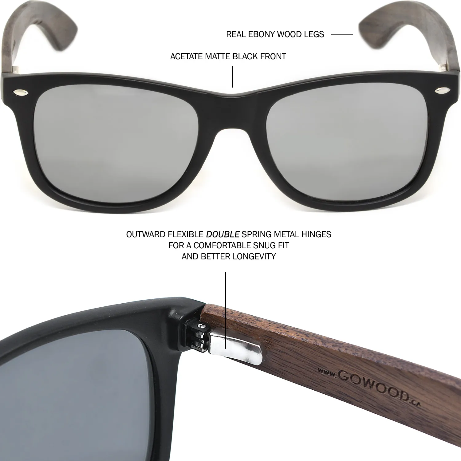 Ebony wood classic style sunglasses with silver mirrored polarized lenses with 100% money back guarantee