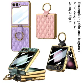 Electroplating Finger Ring Plain Leather Phone Case Samsung Z Flip 5