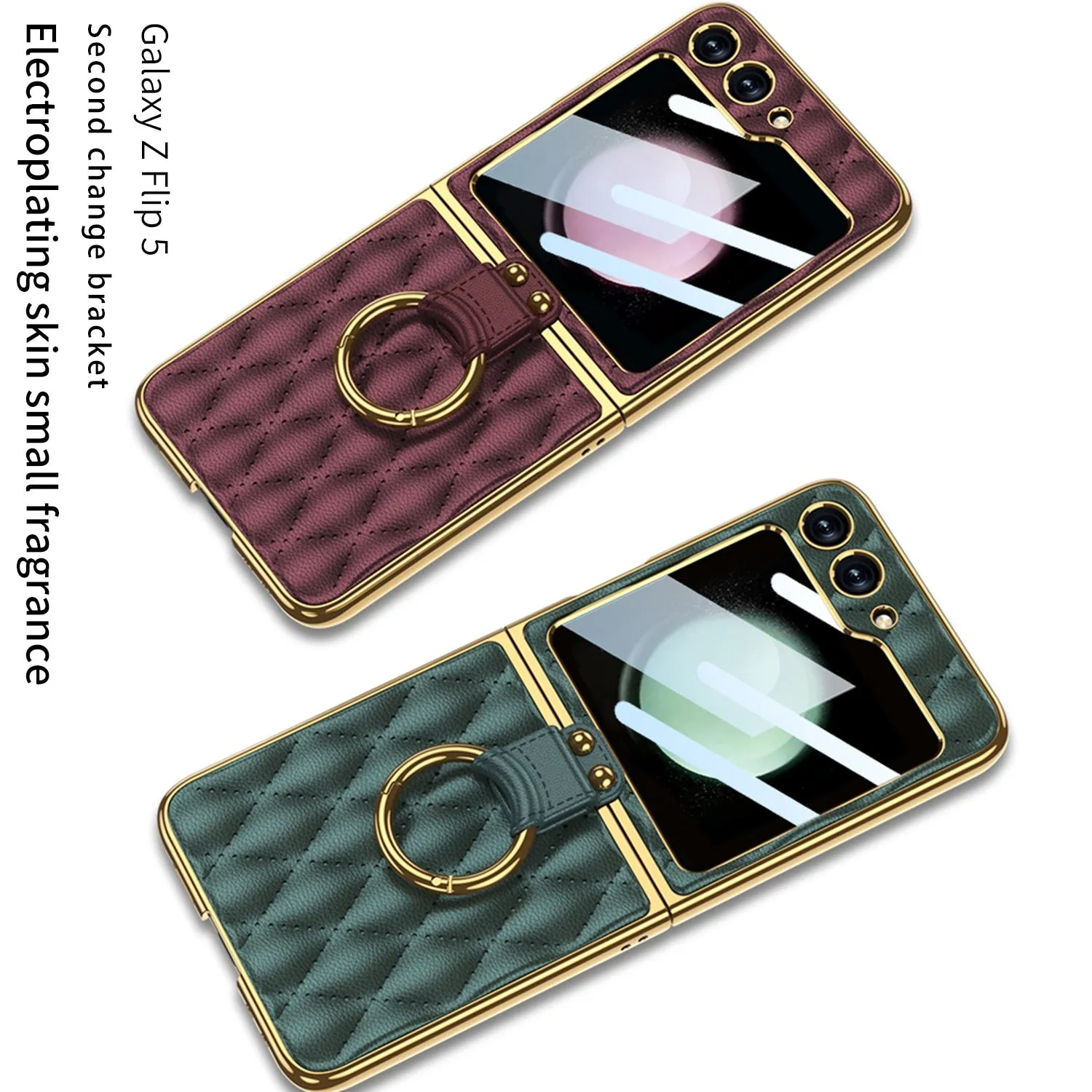 Electroplating Finger Ring Plain Leather Phone Case Samsung Z Flip 5