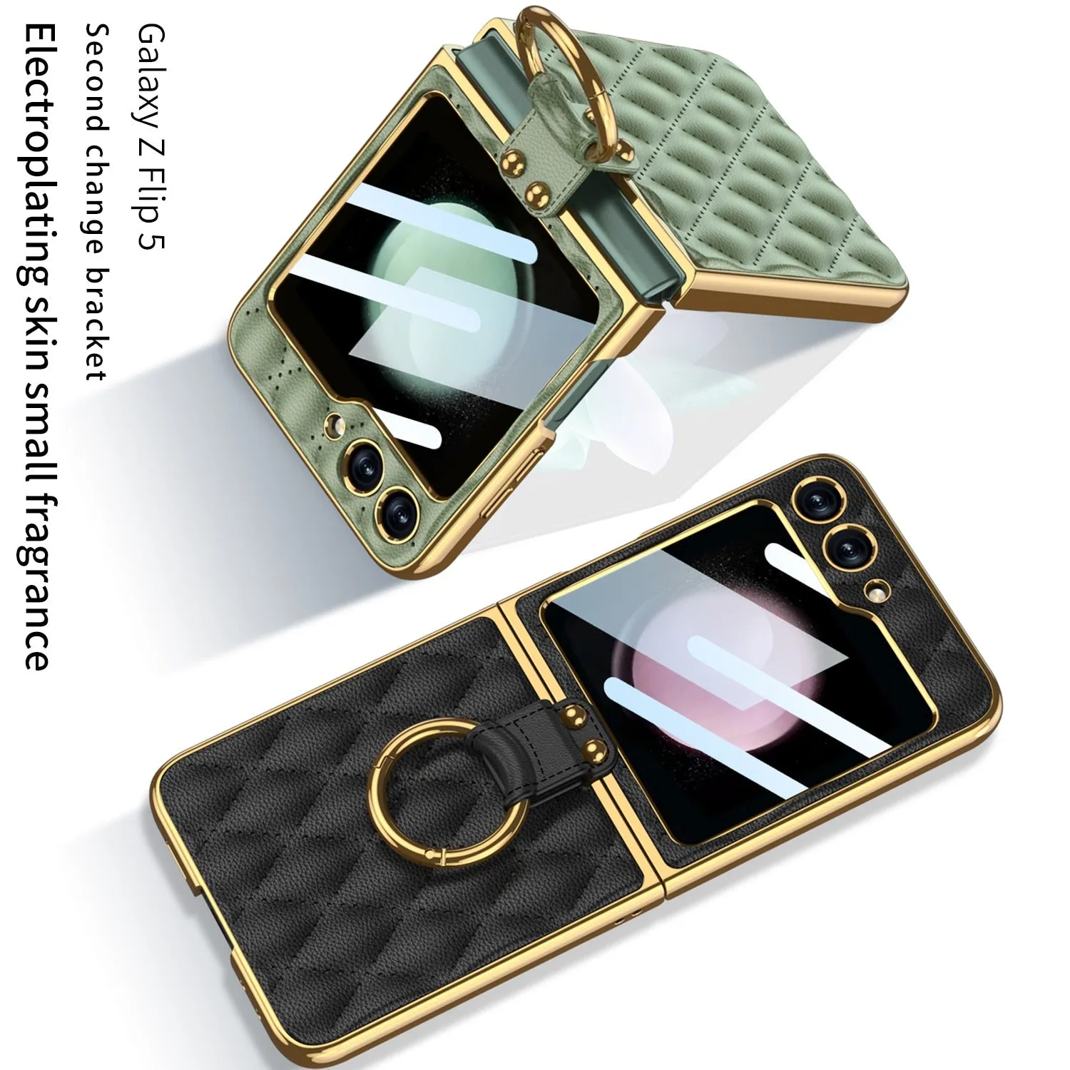 Electroplating Finger Ring Plain Leather Phone Case Samsung Z Flip 5