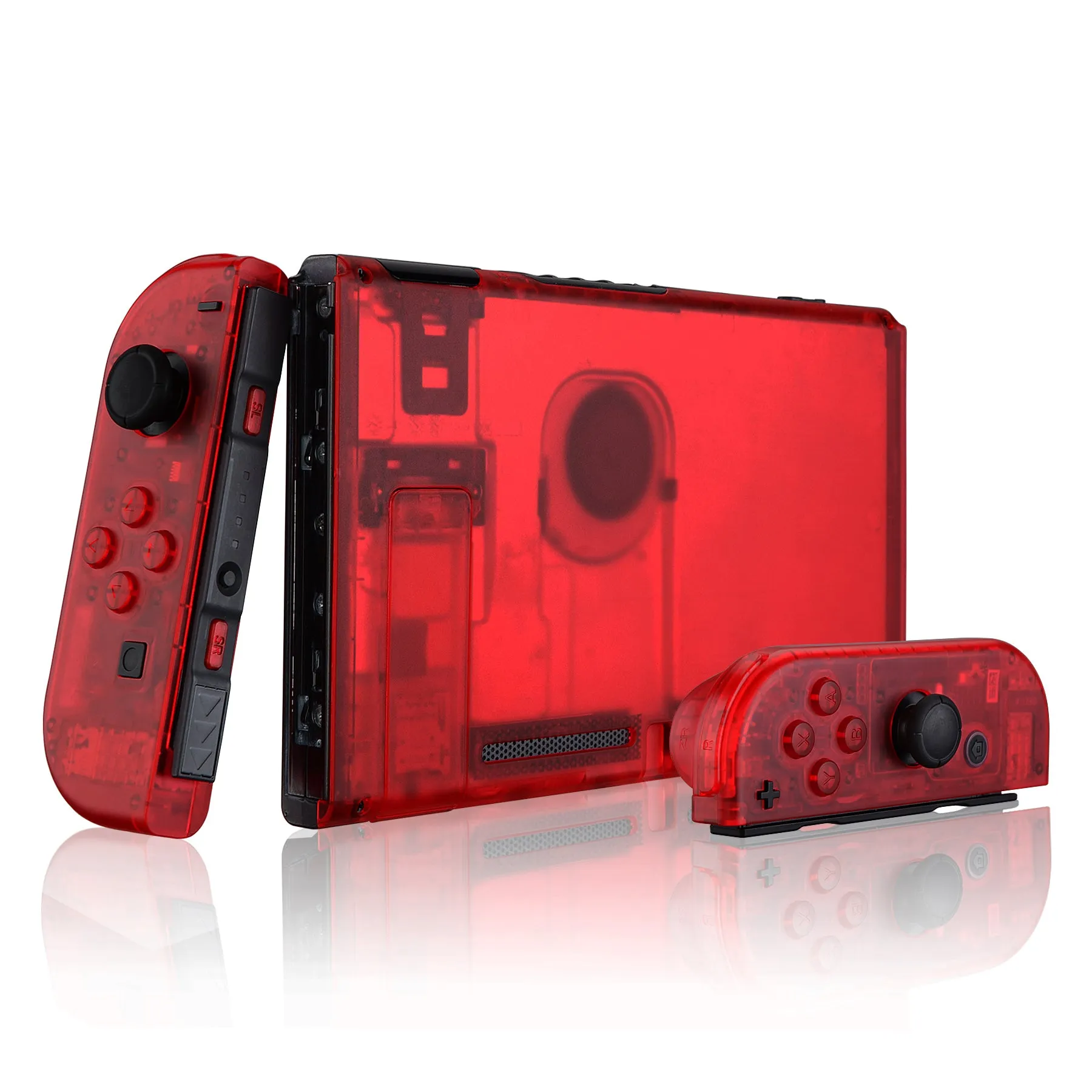 eXtremeRate Transparent Clear Red Back Plate for NS Switch Console, NS Joycon Handheld Controller Housing with Full Set Buttons, DIY Replacement Shell for NS Switch - QM502