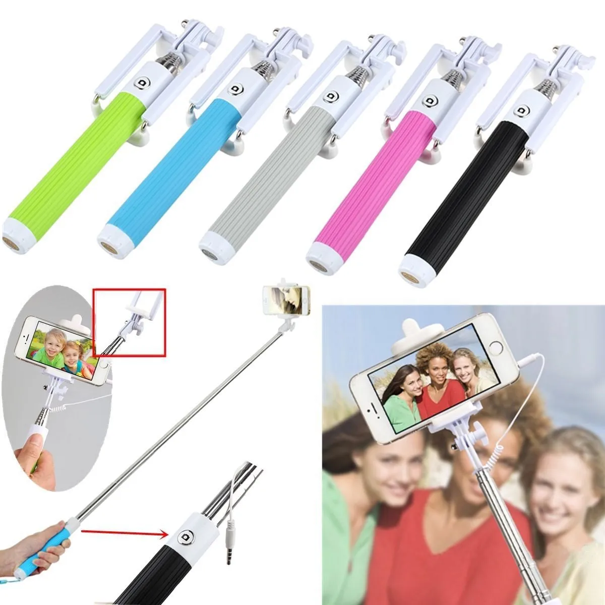 Fashion Extendable Wired Remote Shutter Selfie Stick Monopod For iPhone Smartphone - Gray