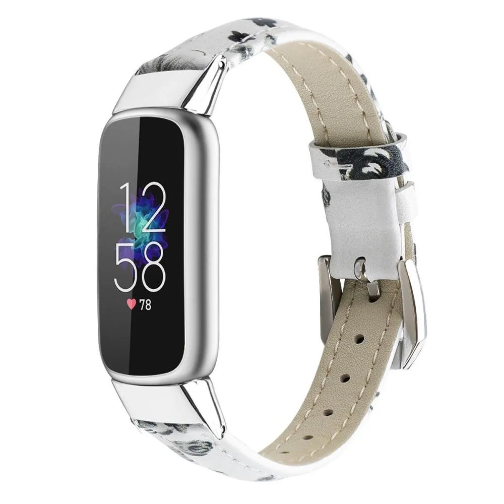 Fitbit Luxe genuine leather watch strap - White / Grey Flower / Size: L