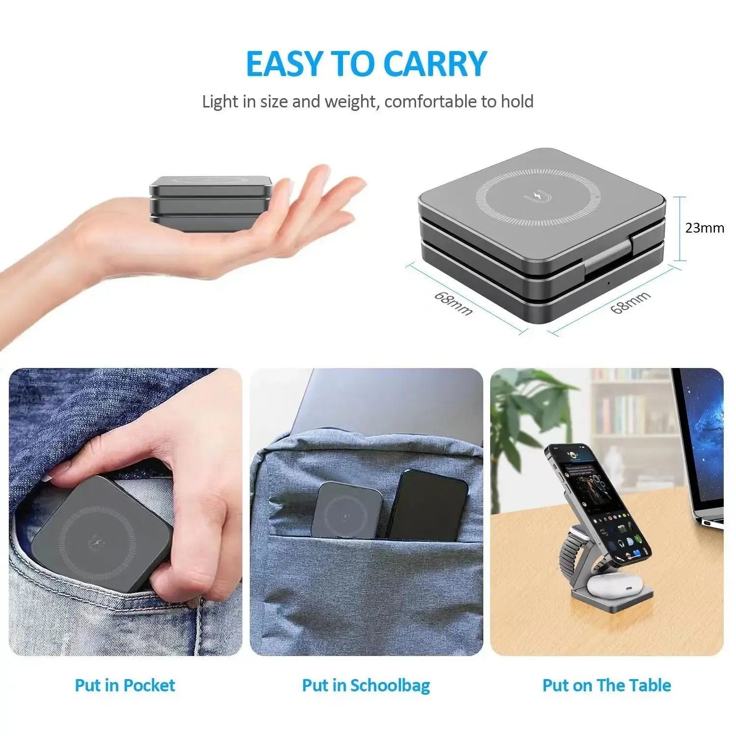 foldable phone charger 15W 3 in 1 Magnetic Wireless Charger Foldable Phone Charger Holder for Iphone 15 14 13 12 Samsung S23 S22 Airpods 3 Pro Iwatch 8