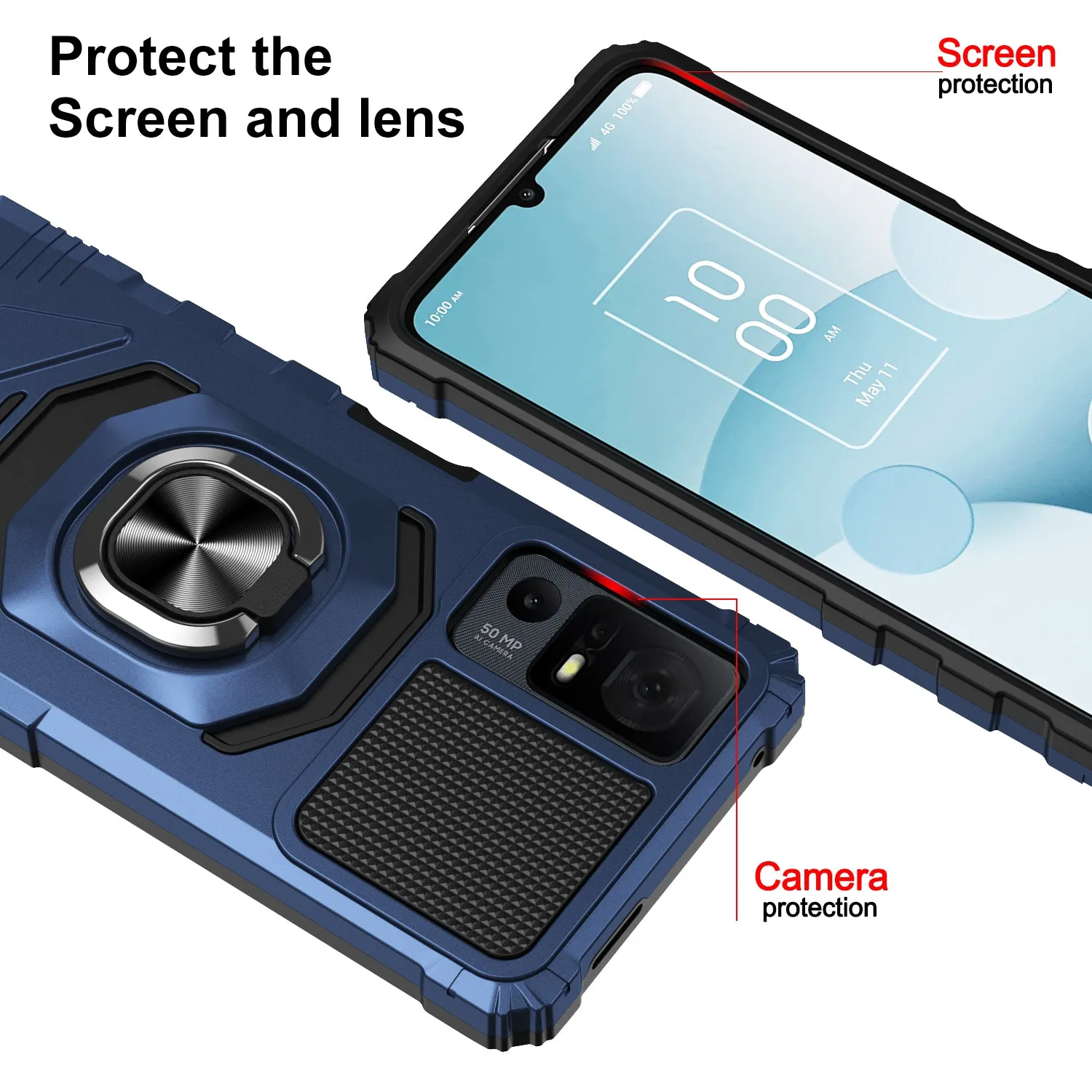 For Alcatel Jitterbug Smart 4 Case [Military Grade] Ring Car Mount Kickstand w/[Tempered Glass] Hybrid Hard PC Soft TPU Shockproof Protective Case - Blue