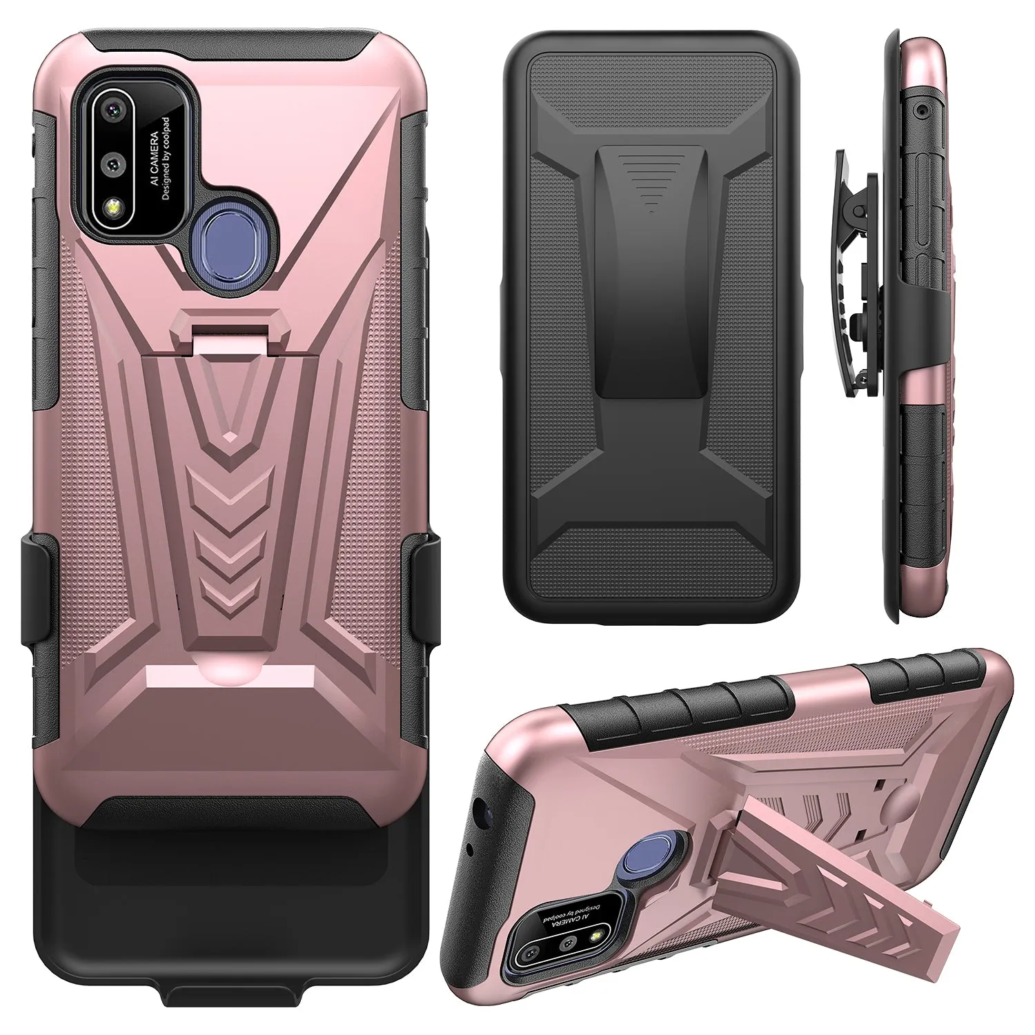 For Coolpad suva Case with Tempered Glass Screen Protector Heavy Duty Protective Phone Case,Built-in Kickstand Rugged Shockproof Protective Phone Case - Rose Gold