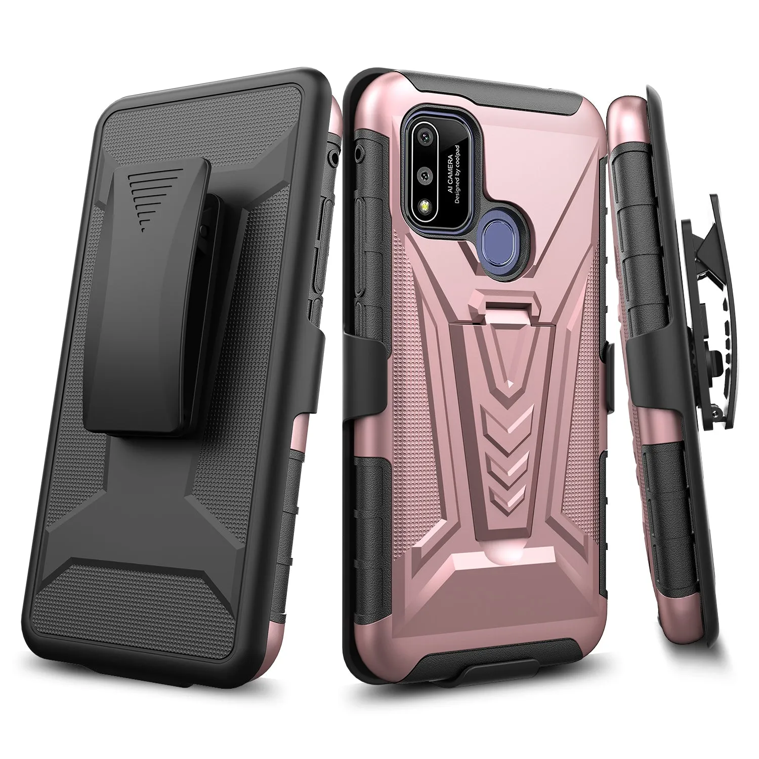 For Coolpad suva Case with Tempered Glass Screen Protector Heavy Duty Protective Phone Case,Built-in Kickstand Rugged Shockproof Protective Phone Case - Rose Gold