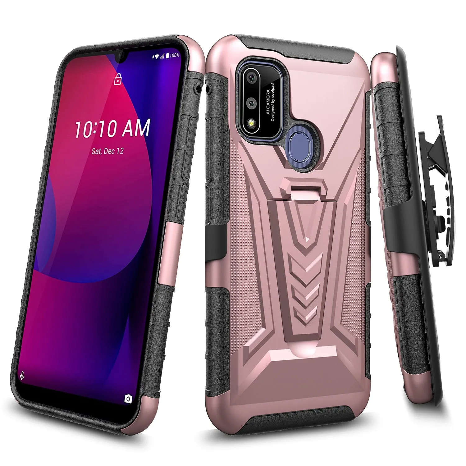 For Coolpad suva Case with Tempered Glass Screen Protector Heavy Duty Protective Phone Case,Built-in Kickstand Rugged Shockproof Protective Phone Case - Rose Gold