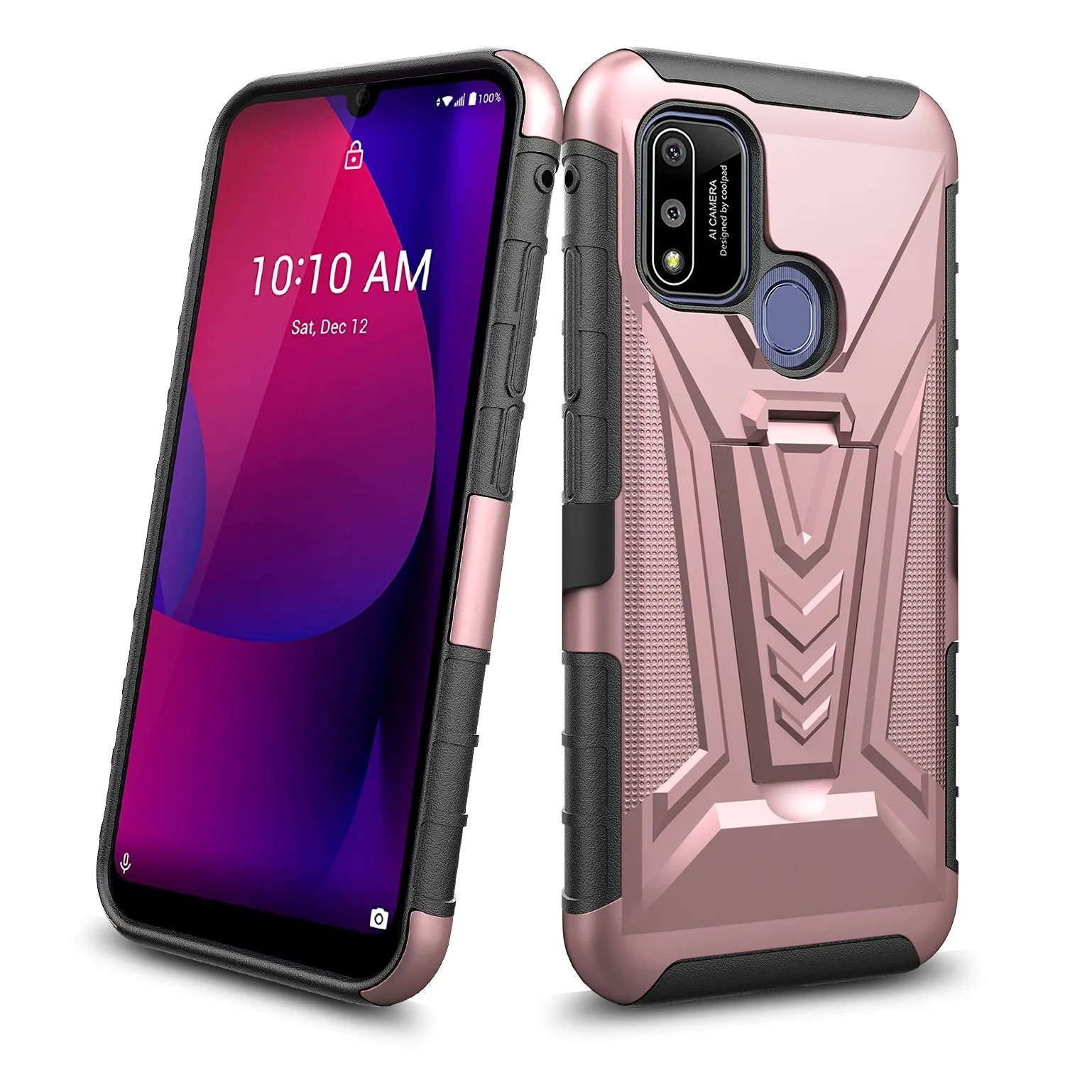 For Coolpad suva Case with Tempered Glass Screen Protector Heavy Duty Protective Phone Case,Built-in Kickstand Rugged Shockproof Protective Phone Case - Rose Gold