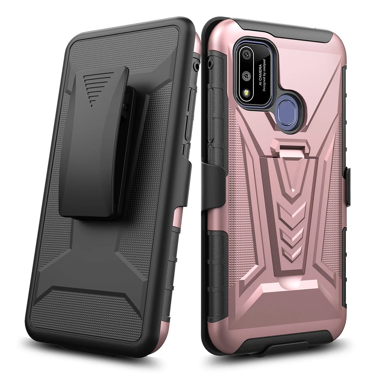 For Coolpad suva Case with Tempered Glass Screen Protector Heavy Duty Protective Phone Case,Built-in Kickstand Rugged Shockproof Protective Phone Case - Rose Gold