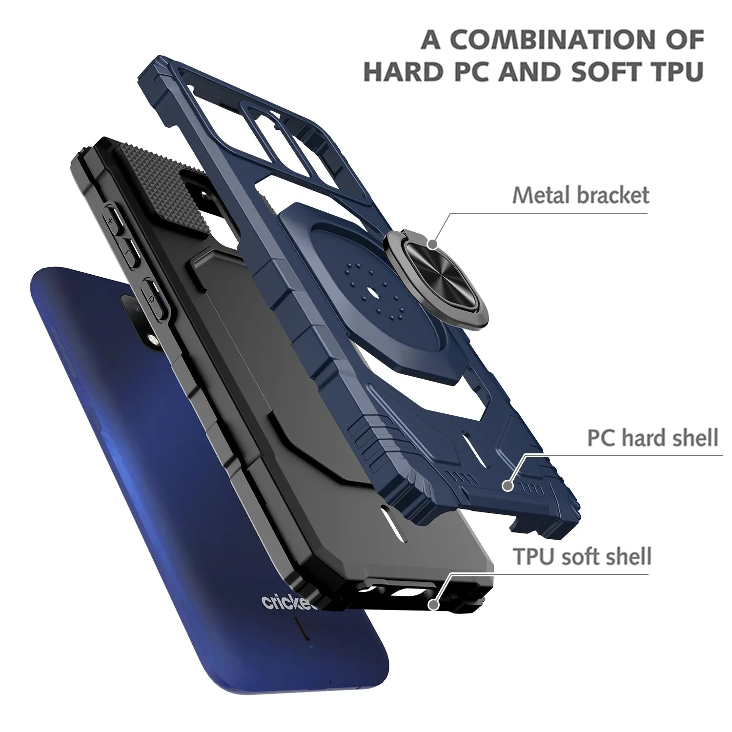 For Cricket Debut Case with Tempered Glass Screen Protector Hybrid Ring Shockproof Hard Case Phone Cover - Blue