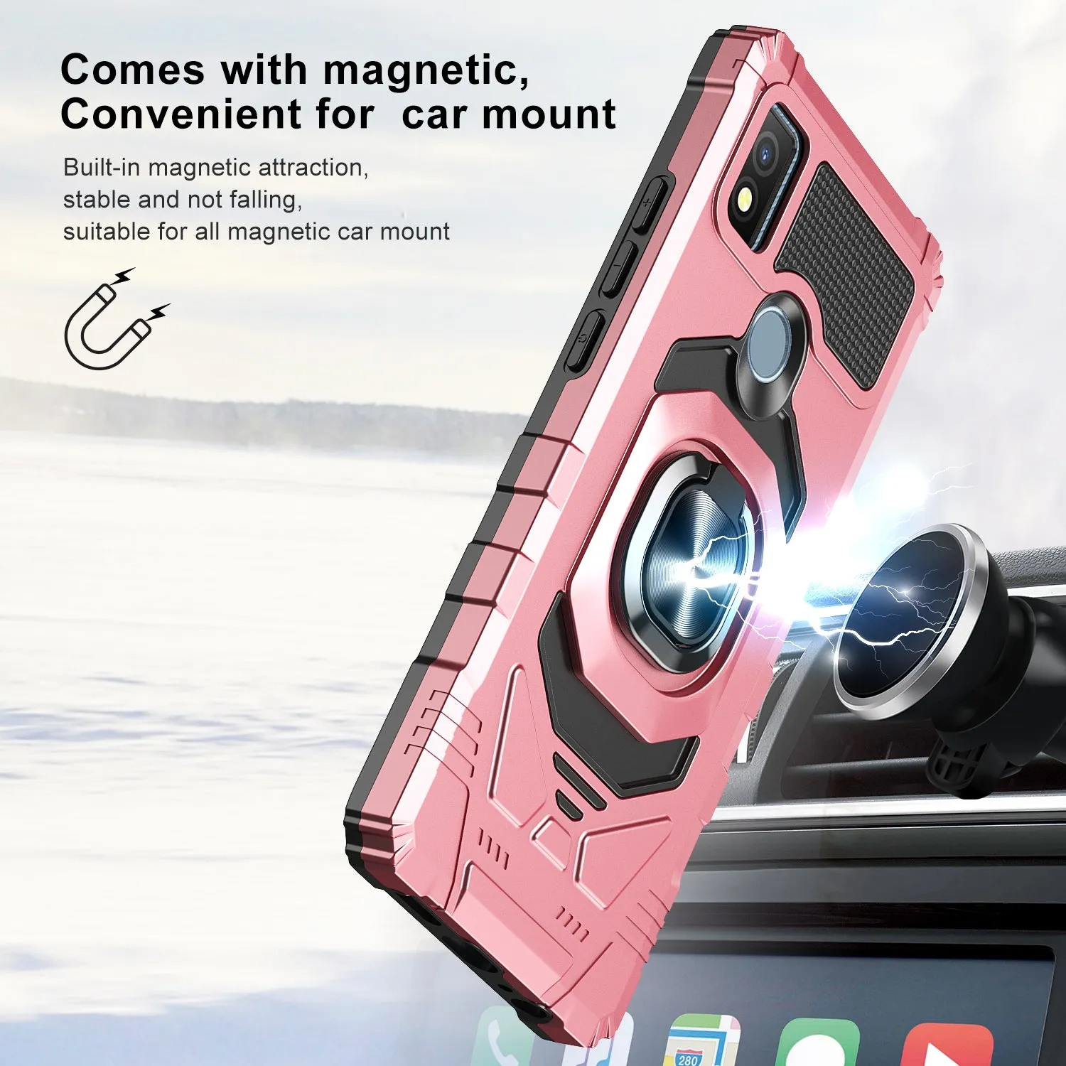 For Cricket Icon 4 Case [Military Grade] Ring Car Mount Kickstand w/[Tempered Glass] Hybrid Hard PC Soft TPU Shockproof Protective Case - Rose Gold