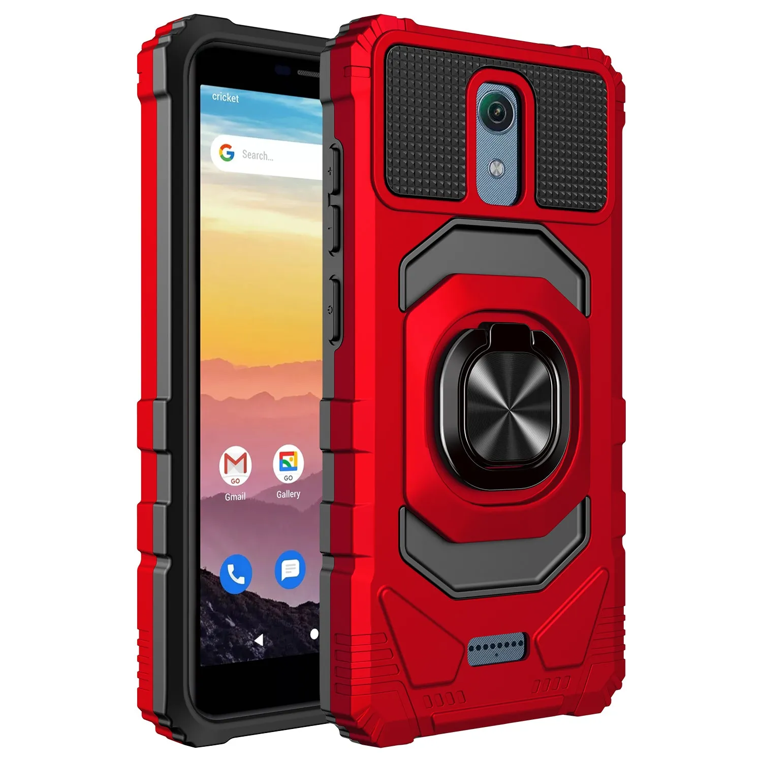 For Cricket Vision 3 /AT&T Calypso (U318AA) Case with Tempered Glass Screen Protector Hybrid Ring Shockproof Hard Case Phone Cover - Red