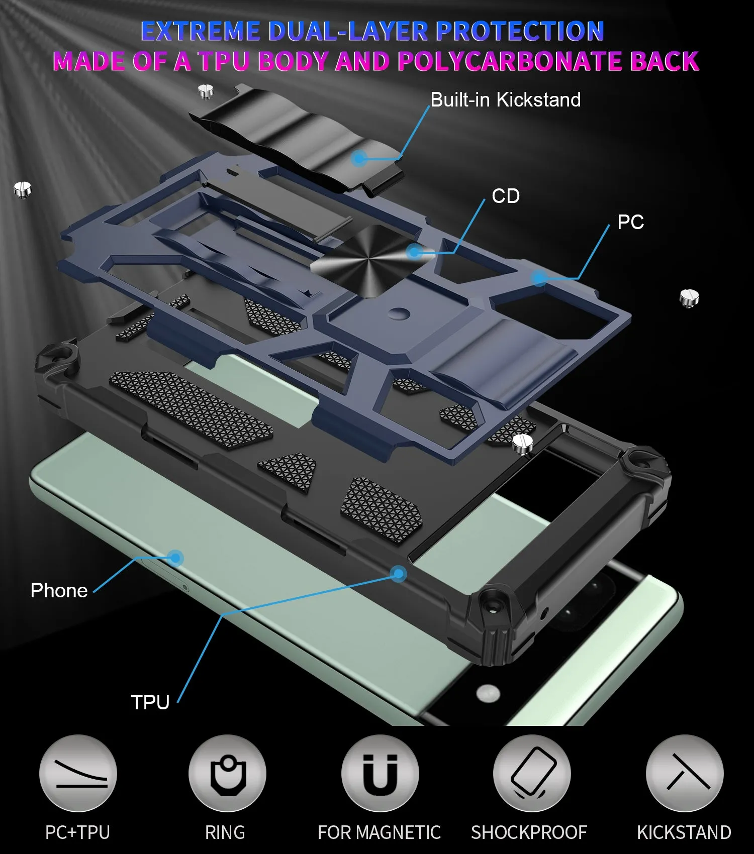 For Google Pixel 6A Case [Military Grade] Ring Car Mount Kickstand w/[Tempered Glass] Hybrid Hard PC Soft TPU Shockproof Protective Case - Blue