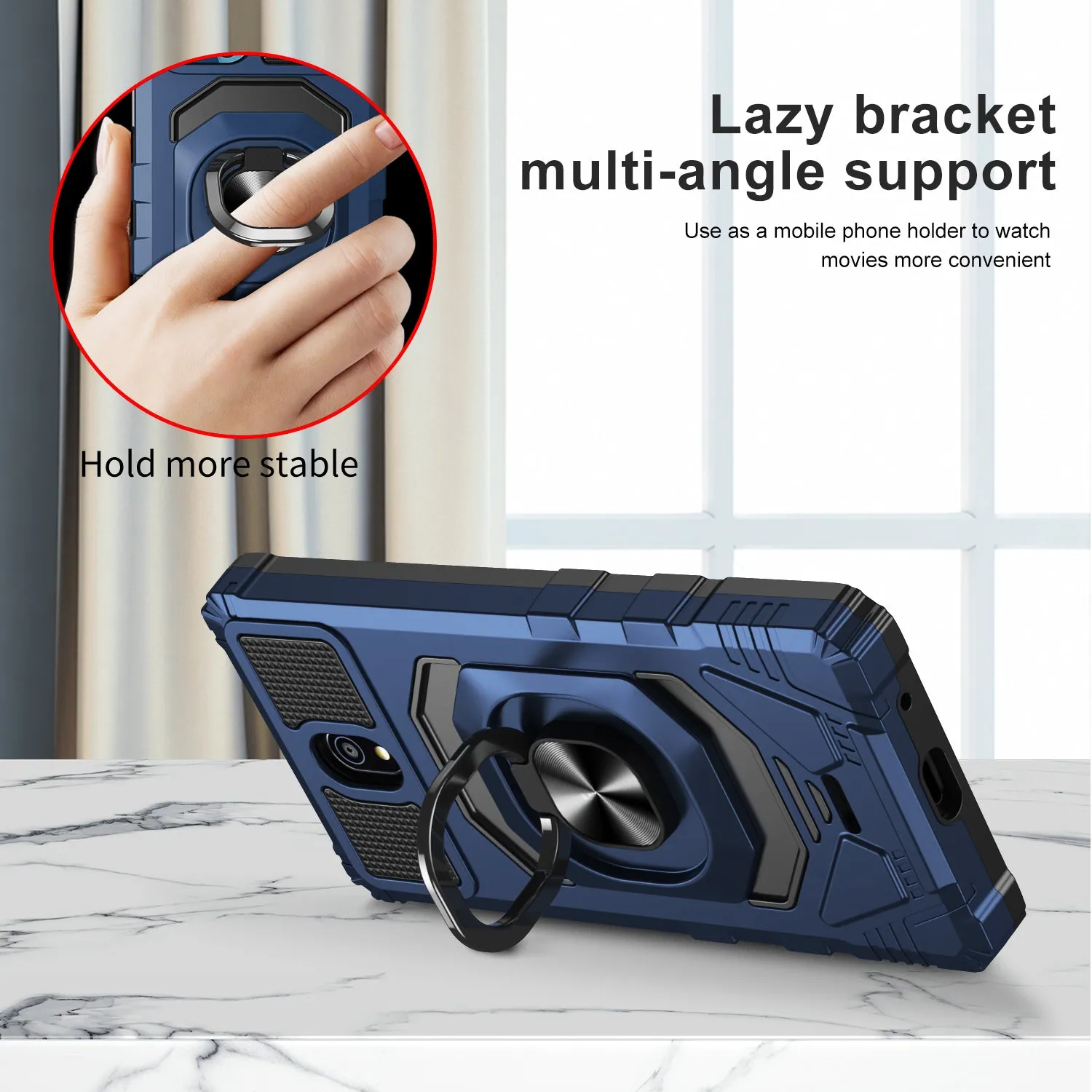 For Nokia C100 Case [Military Grade] Ring Car Mount Kickstand w/[Tempered Glass] Hybrid Hard PC Soft TPU Shockproof Protective Case - Blue