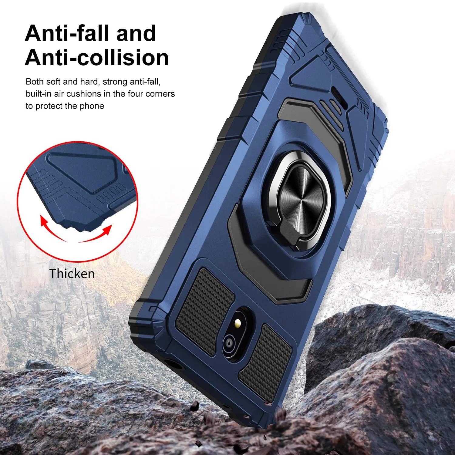 For Nokia C100 Case [Military Grade] Ring Car Mount Kickstand w/[Tempered Glass] Hybrid Hard PC Soft TPU Shockproof Protective Case - Blue