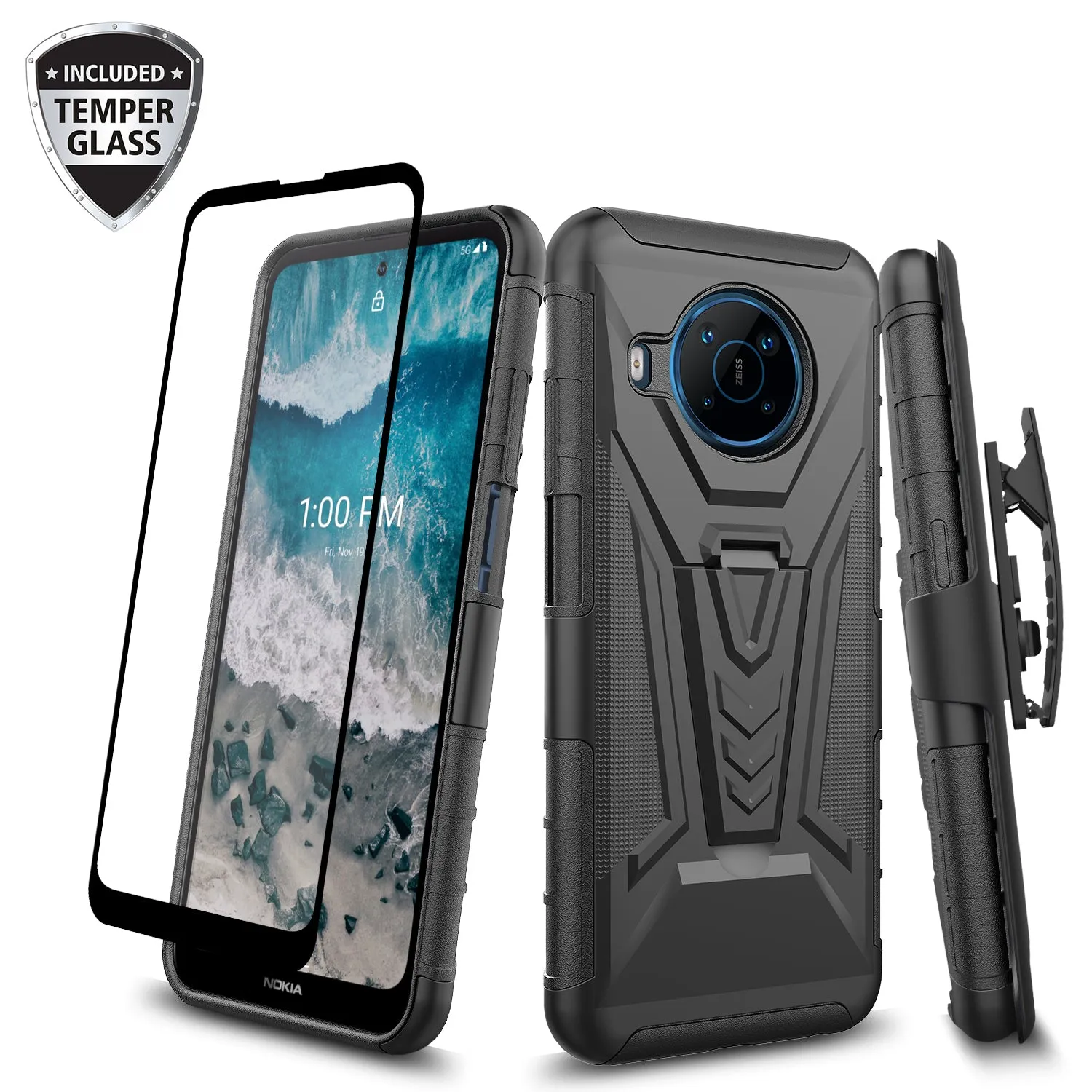 For Nokia X100 Case with Tempered Glass Screen Protector Heavy Duty Protective Phone Case,Built-in Kickstand Rugged Shockproof Protective Phone Case - Black