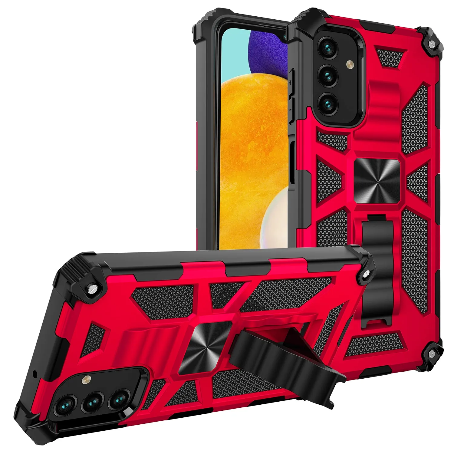 For Samsung Galaxy A13 5G Case [Military Grade] Ring Car Mount Kickstand w/[Tempered Glass] Hybrid Hard PC Soft TPU Shockproof Protective Case - Red