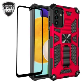 For Samsung Galaxy A13 5G Case [Military Grade] Ring Car Mount Kickstand w/[Tempered Glass] Hybrid Hard PC Soft TPU Shockproof Protective Case - Red