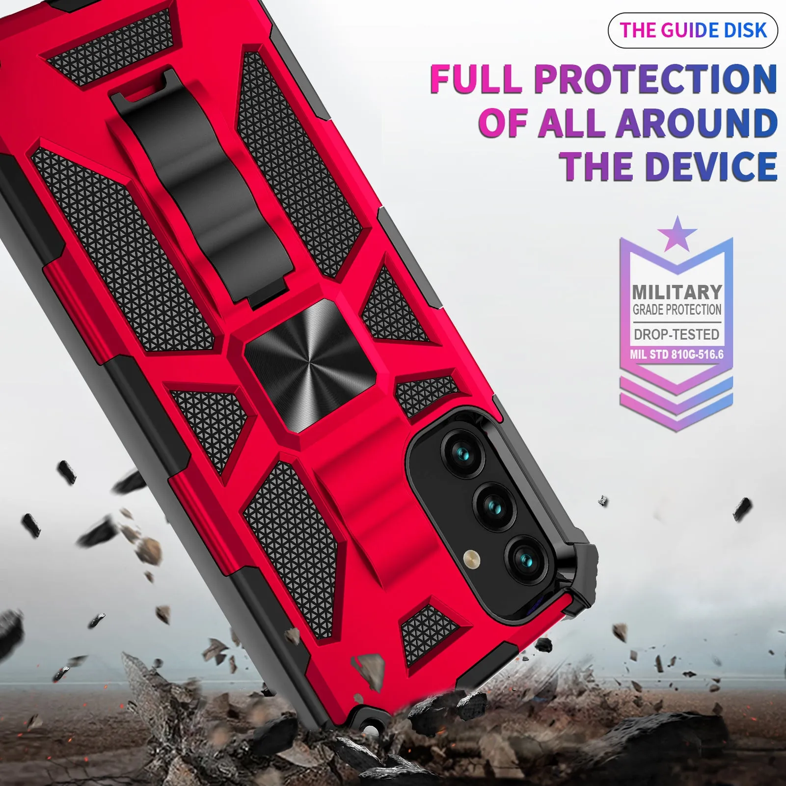 For Samsung Galaxy A13 5G Case [Military Grade] Ring Car Mount Kickstand w/[Tempered Glass] Hybrid Hard PC Soft TPU Shockproof Protective Case - Red