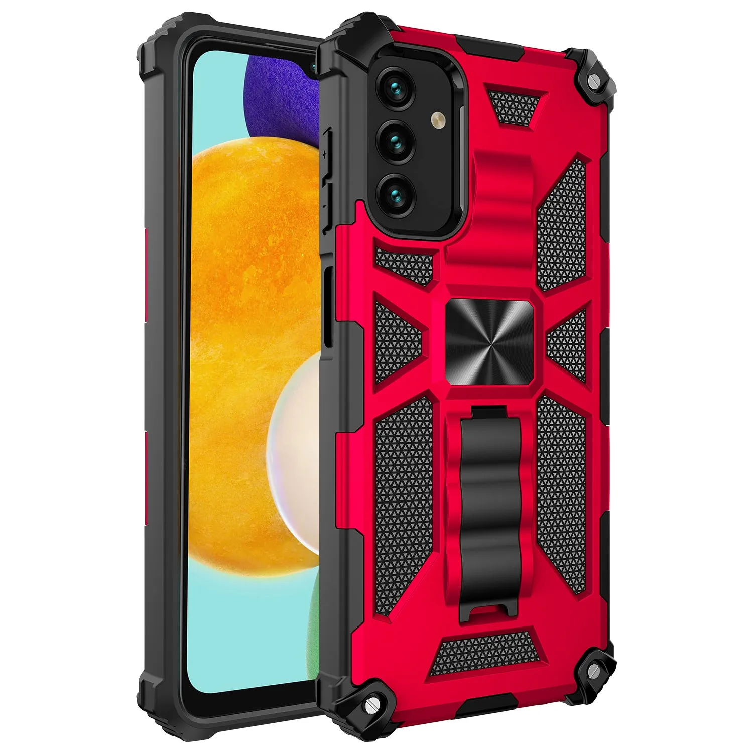 For Samsung Galaxy A13 5G Case [Military Grade] Ring Car Mount Kickstand w/[Tempered Glass] Hybrid Hard PC Soft TPU Shockproof Protective Case - Red