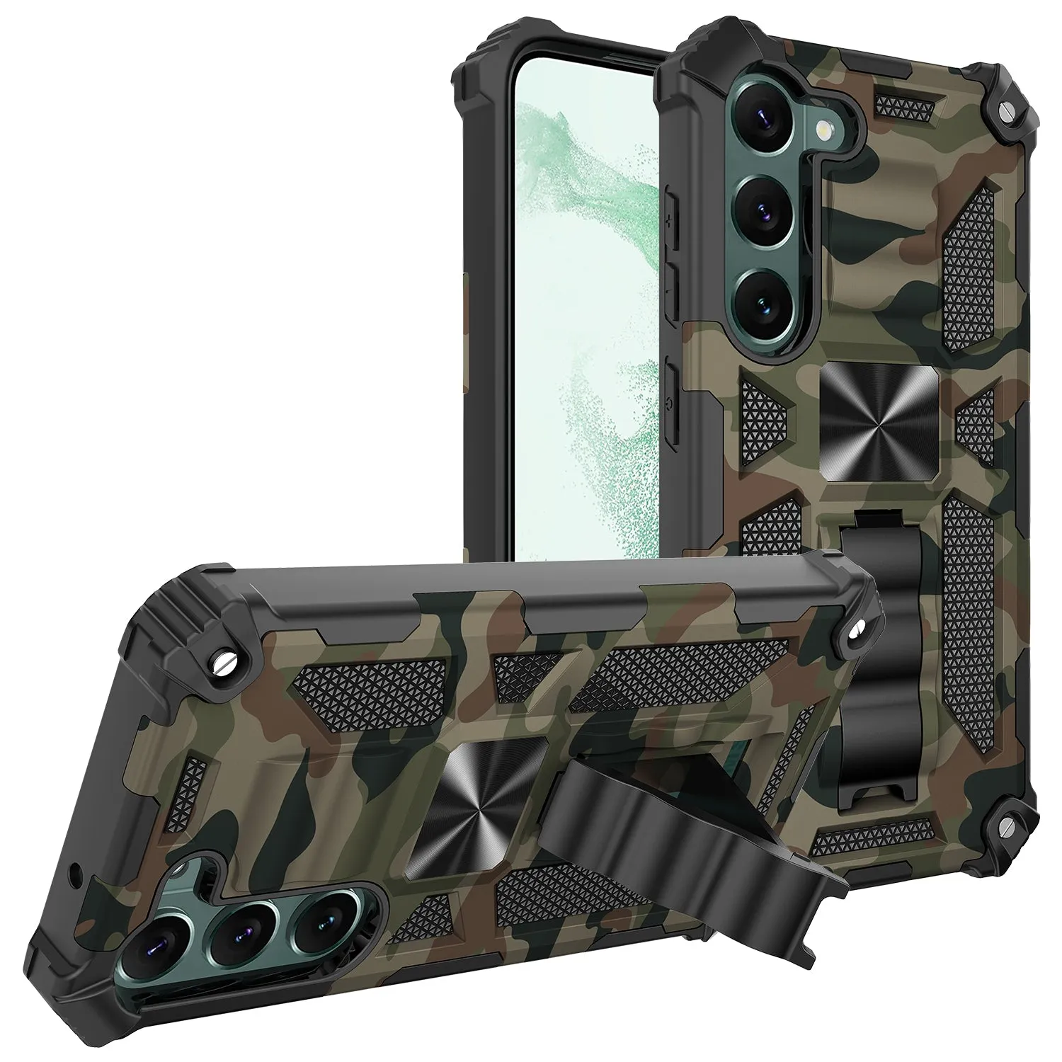 For Samsung Galaxy S23 Plus Case [Military Grade] Ring Car Mount Kickstand w/[Tempered Glass] Hybrid Hard PC Soft TPU Shockproof Protective Case -Green Camo