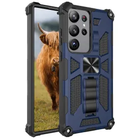 For Samsung Galaxy S23 Ultra Case [Military Grade] Ring Car Mount Kickstand w/[Tempered Glass] Hybrid Hard PC Soft TPU Shockproof Protective Case - Blue