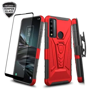 For TCL 20 XE Case with Tempered Glass Screen Protector Heavy Duty Protective Phone Case,Built-in Kickstand Rugged Shockproof Protective Phone Case - Red