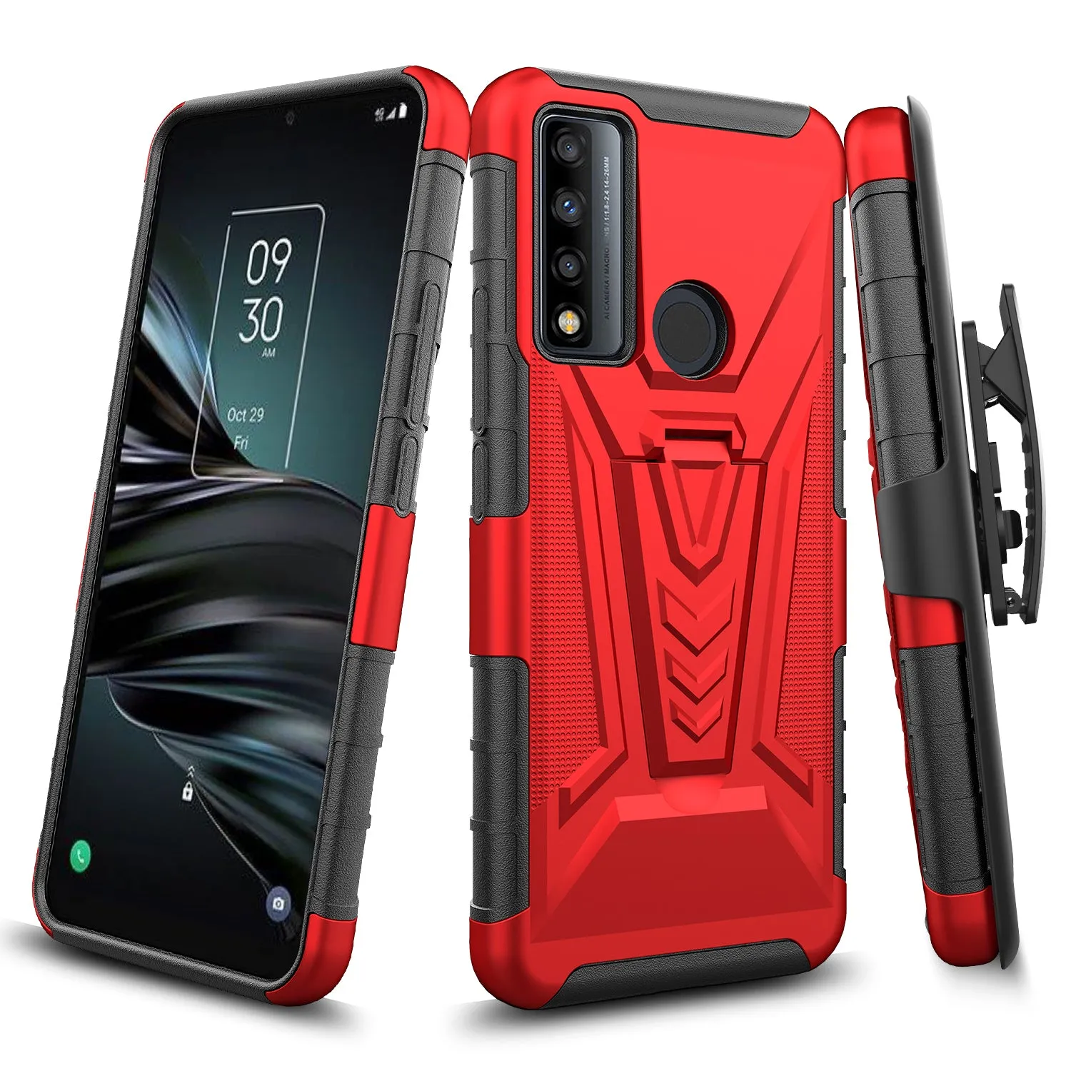 For TCL 20 XE Case with Tempered Glass Screen Protector Heavy Duty Protective Phone Case,Built-in Kickstand Rugged Shockproof Protective Phone Case - Red