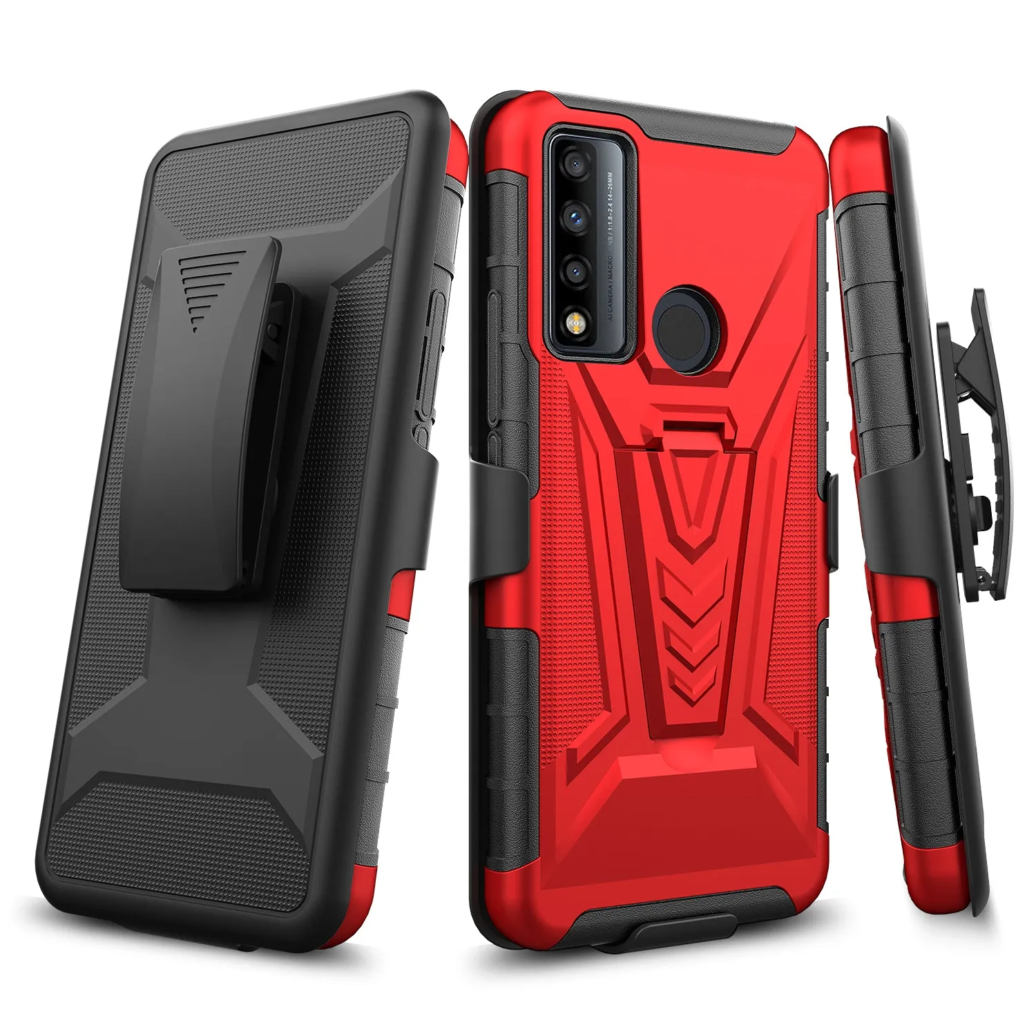 For TCL 20 XE Case with Tempered Glass Screen Protector Heavy Duty Protective Phone Case,Built-in Kickstand Rugged Shockproof Protective Phone Case - Red