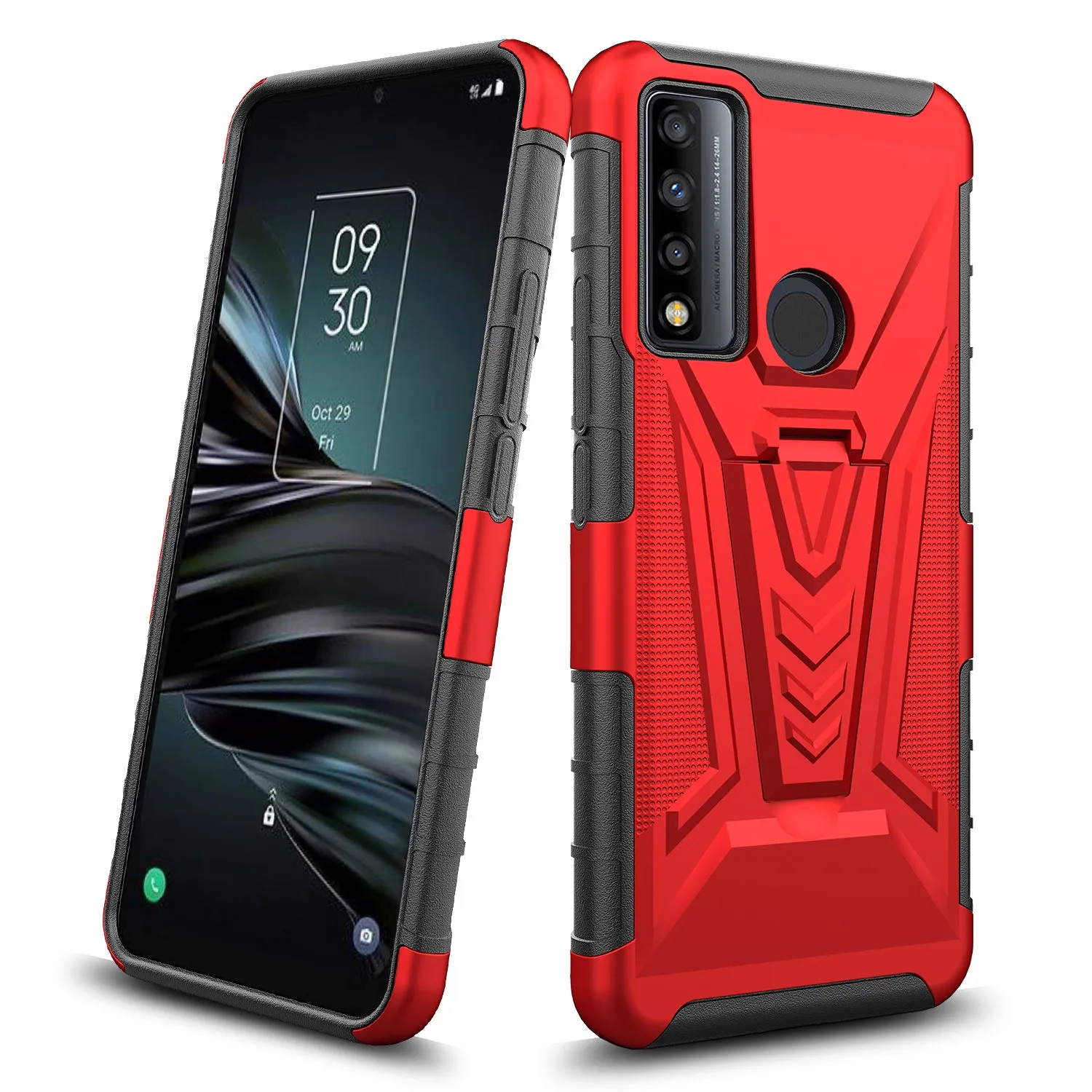 For TCL 20 XE Case with Tempered Glass Screen Protector Heavy Duty Protective Phone Case,Built-in Kickstand Rugged Shockproof Protective Phone Case - Red