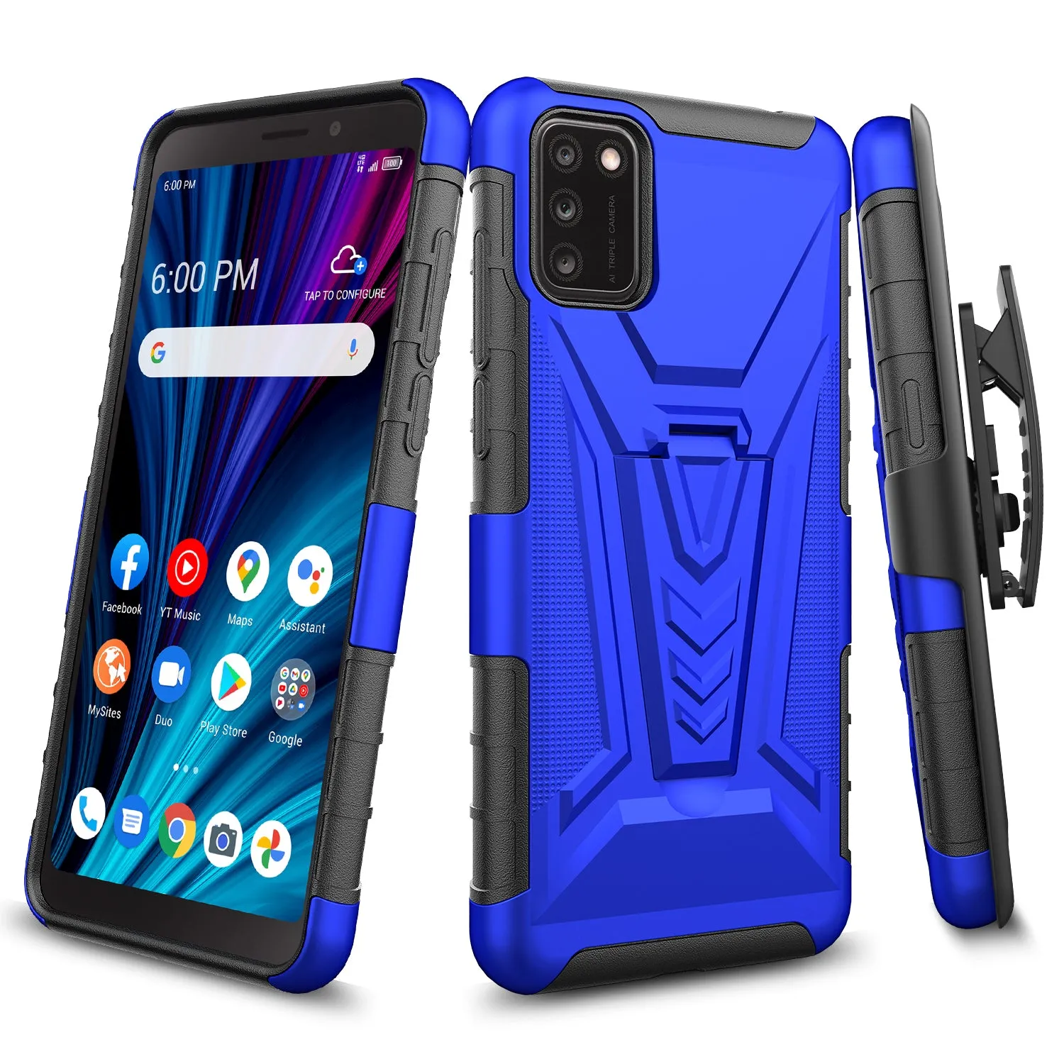 For TCL A3X Case with Tempered Glass Screen Protector Heavy Duty Protective Phone Case,Built-in Kickstand Rugged Shockproof Protective Phone Case - Blue