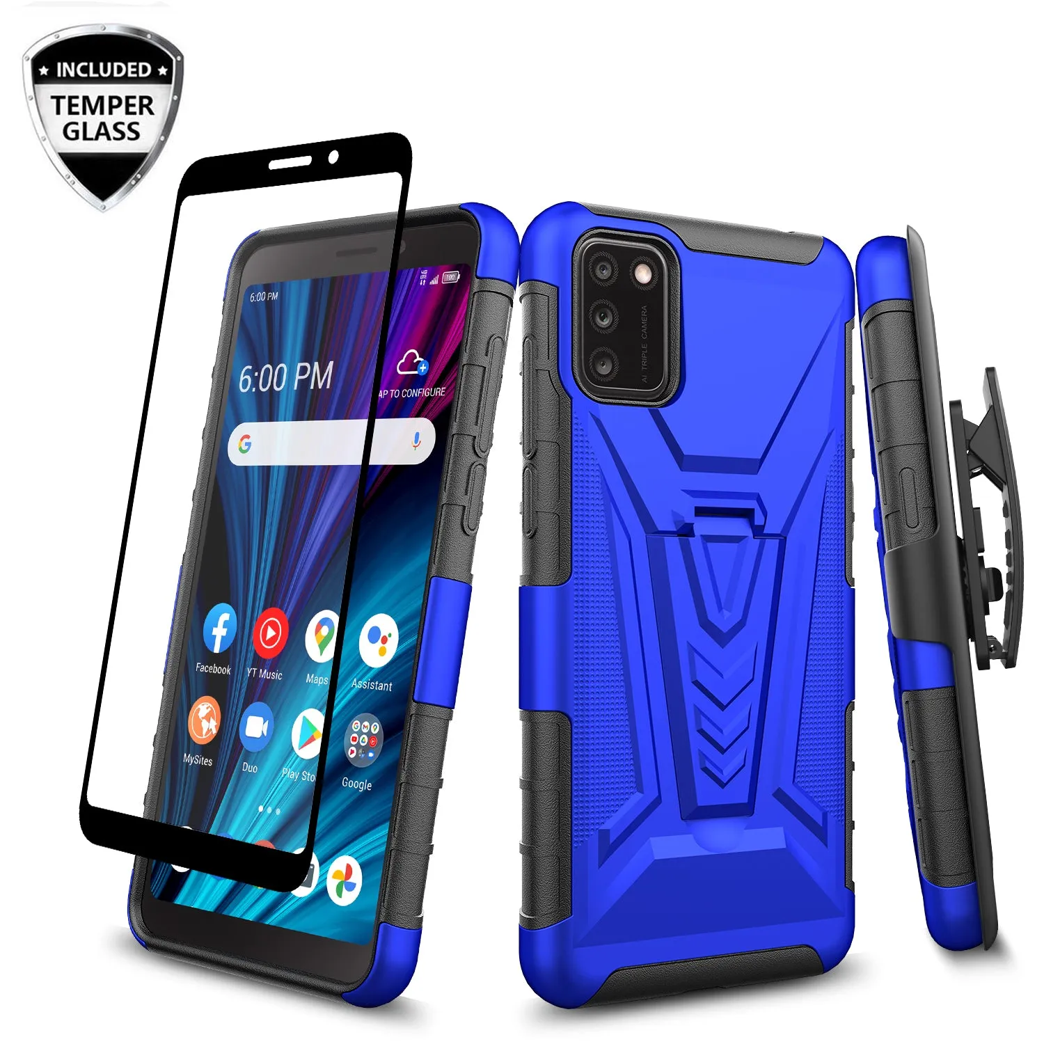 For TCL A3X Case with Tempered Glass Screen Protector Heavy Duty Protective Phone Case,Built-in Kickstand Rugged Shockproof Protective Phone Case - Blue