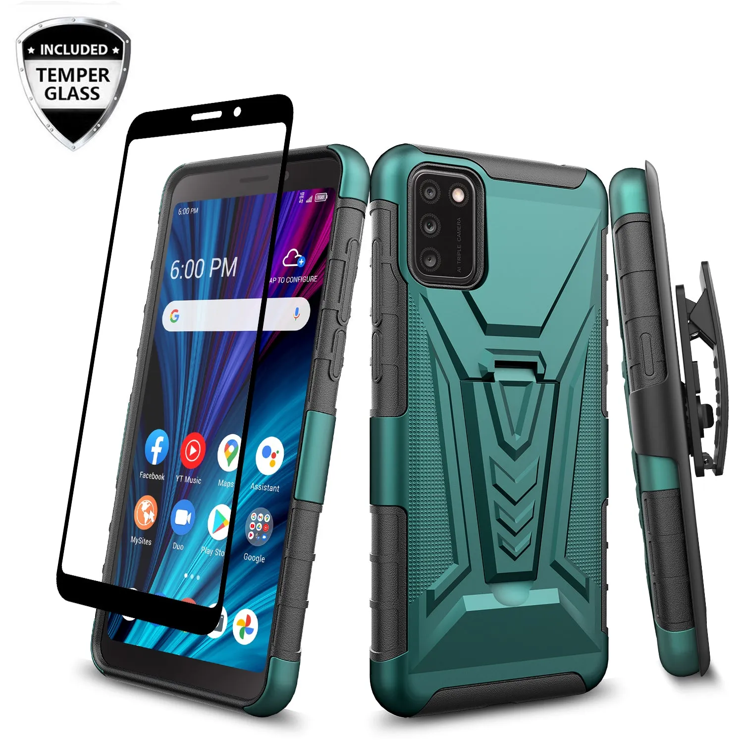 For TCL A3X Case with Tempered Glass Screen Protector Heavy Duty Protective Phone Case,Built-in Kickstand Rugged Shockproof Protective Phone Case - Teal