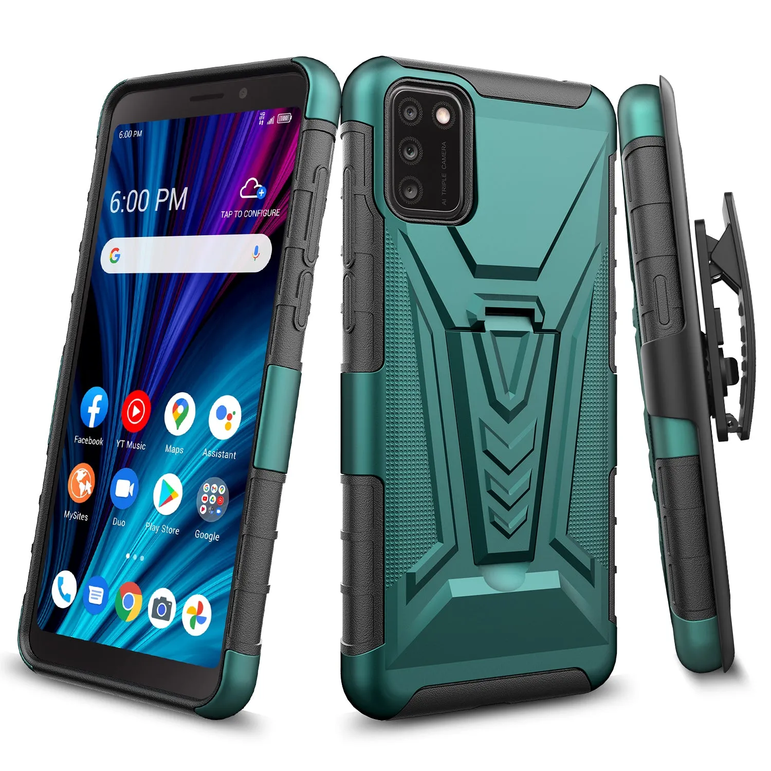 For TCL A3X Case with Tempered Glass Screen Protector Heavy Duty Protective Phone Case,Built-in Kickstand Rugged Shockproof Protective Phone Case - Teal