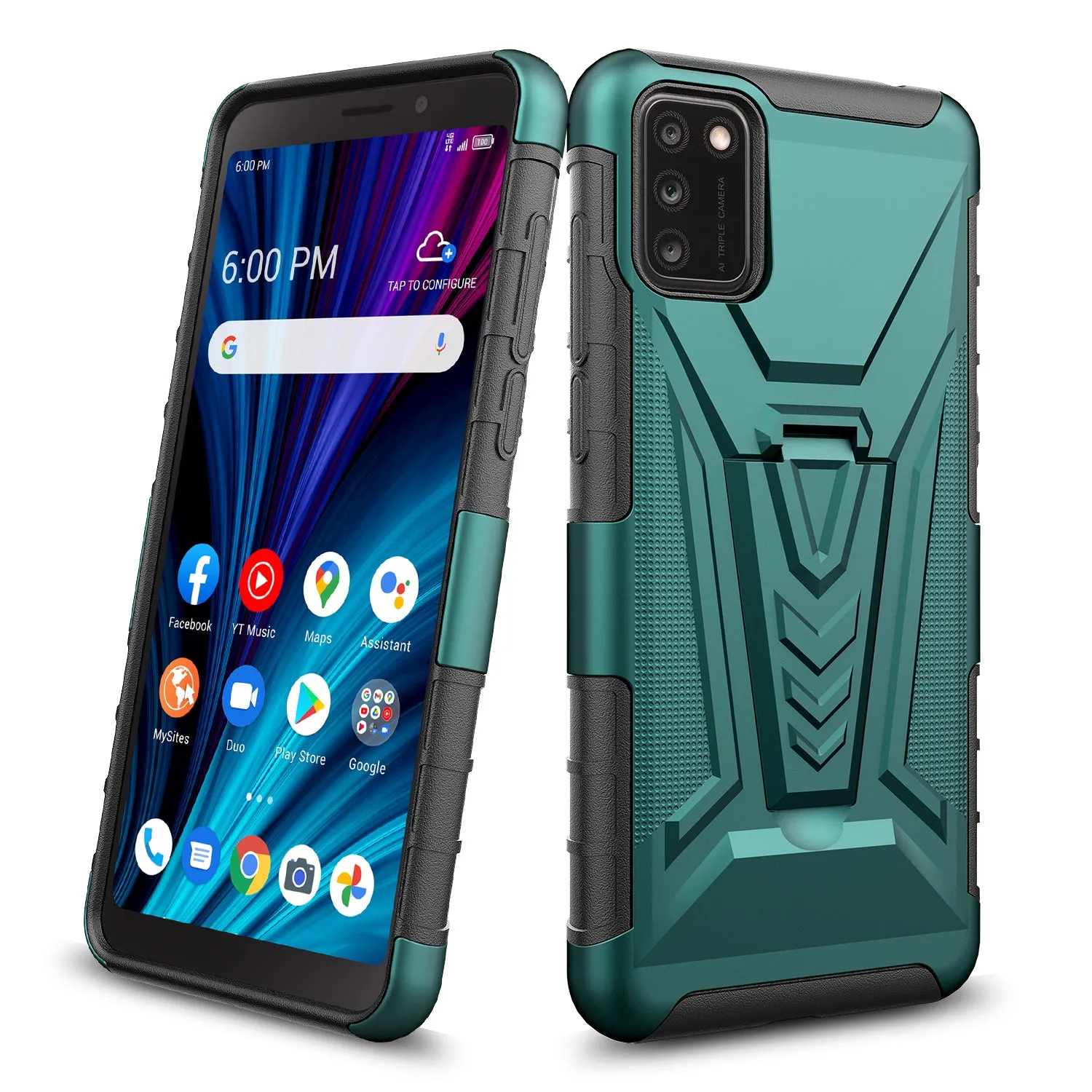 For TCL A3X Case with Tempered Glass Screen Protector Heavy Duty Protective Phone Case,Built-in Kickstand Rugged Shockproof Protective Phone Case - Teal