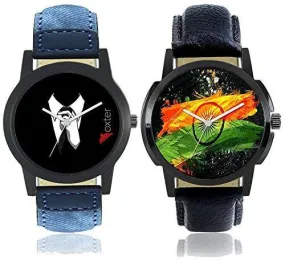 Foxter Men National Flag Dial and Gentlemen Black Dial Leather Strap Watches Combo of 2