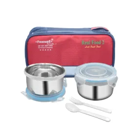 FRIENDS Stainless Steel 2 Container Lunch Box Leak Proof Tiffin Box And Bag