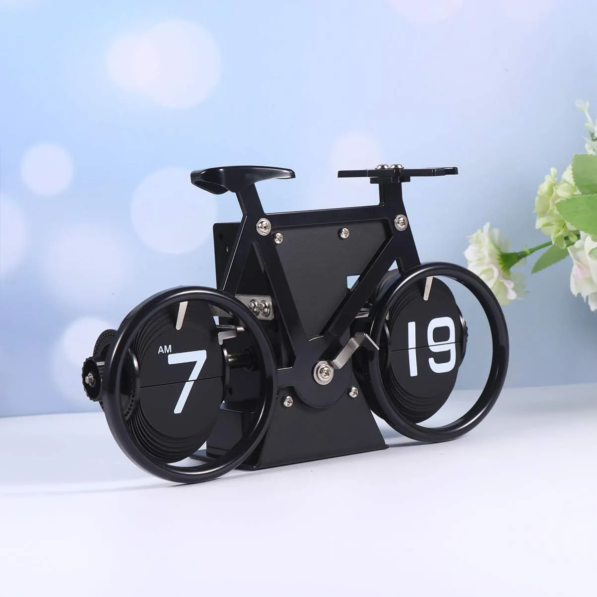 Garneck Retro Digital Flip Down Clock Bicycle Shaped Flip Down Clock for Office Home Kitchen Tabletop Decor Black