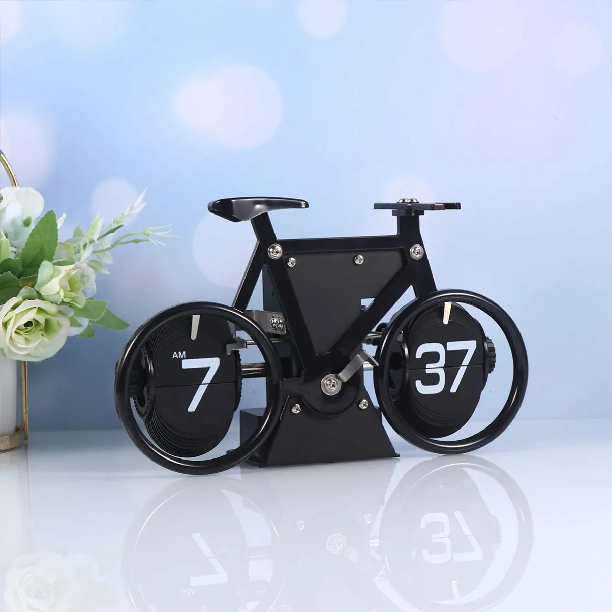 Garneck Retro Digital Flip Down Clock Bicycle Shaped Flip Down Clock for Office Home Kitchen Tabletop Decor Black