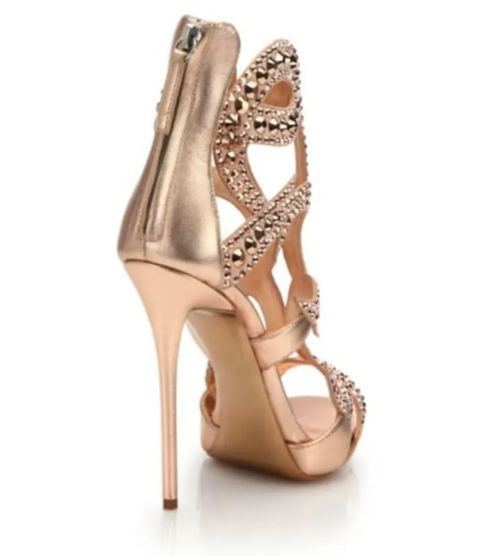 Gold Champagne Rhinestone Sandals for Luxe Party Vibes