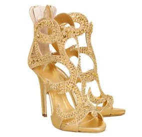 Gold Champagne Rhinestone Sandals for Luxe Party Vibes