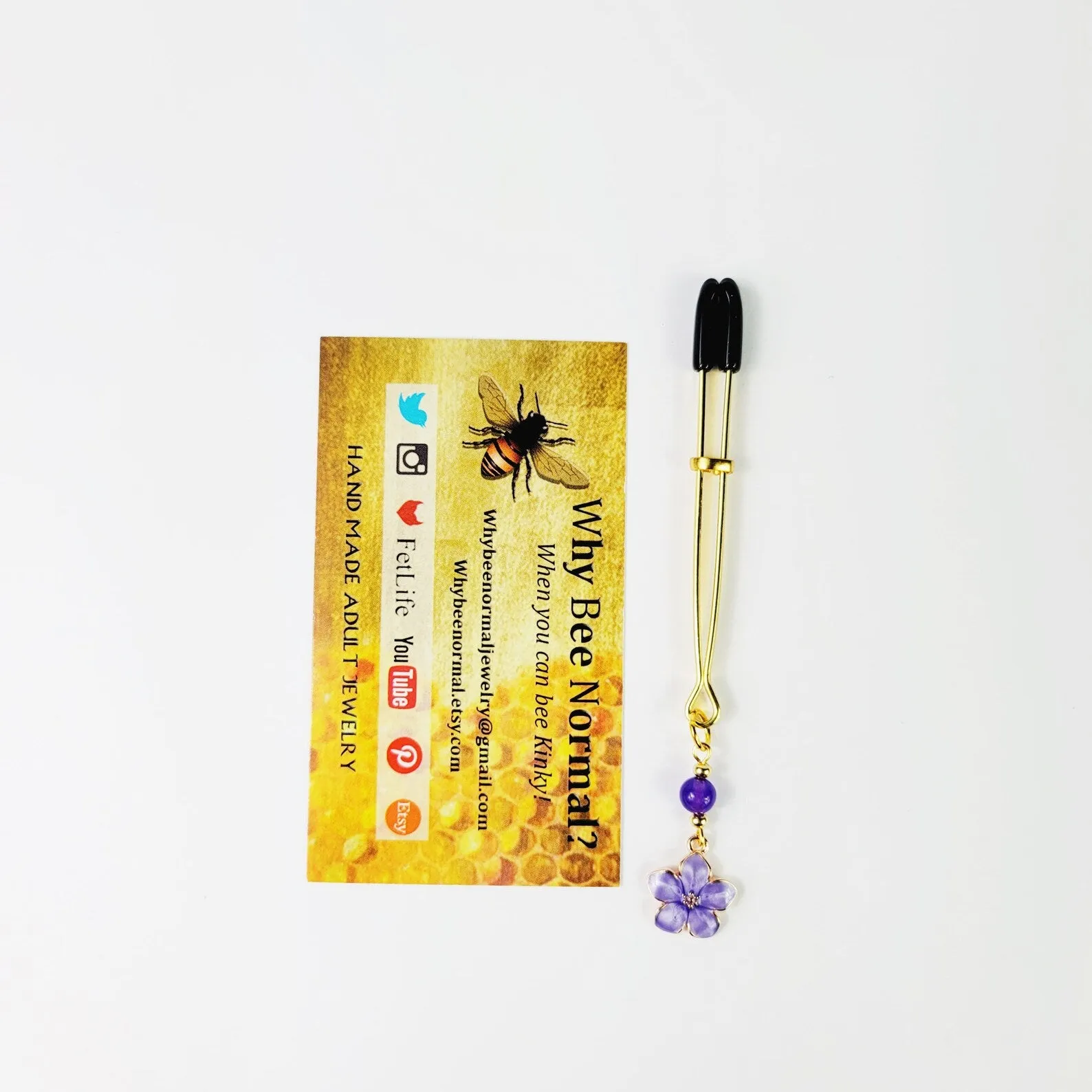 Gold Tweezer Clitoral Clamp with Purple Flower and Stone Bead