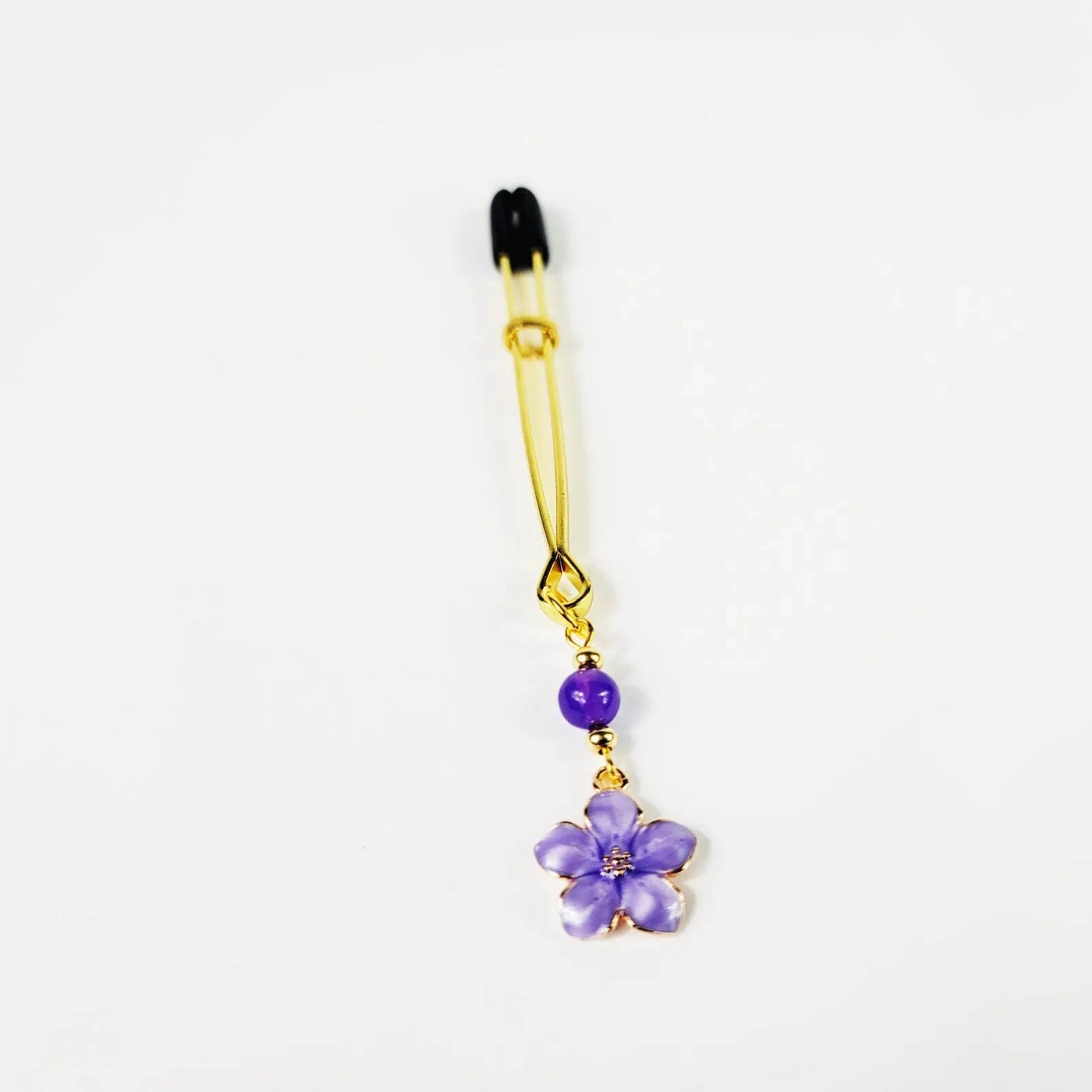 Gold Tweezer Clitoral Clamp with Purple Flower and Stone Bead