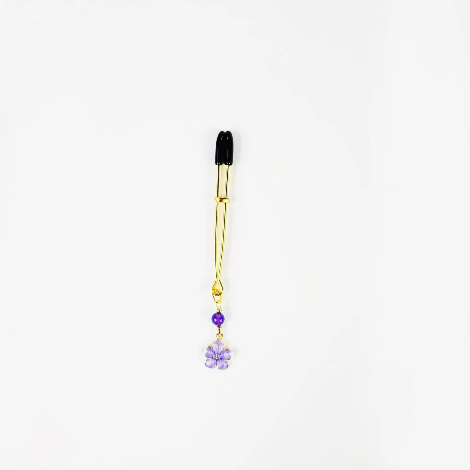 Gold Tweezer Clitoral Clamp with Purple Flower and Stone Bead