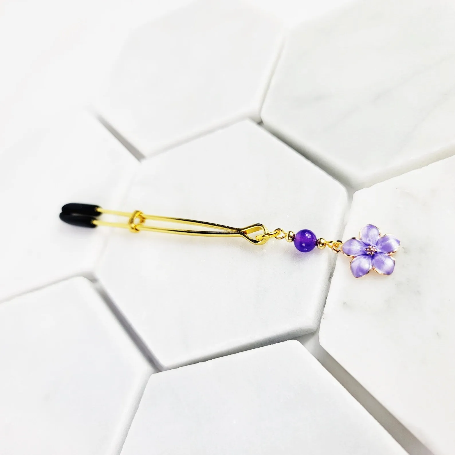 Gold Tweezer Clitoral Clamp with Purple Flower and Stone Bead