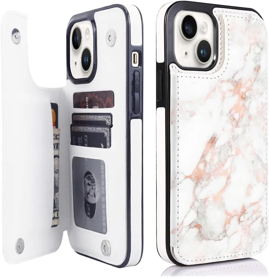 iPhone 15 Plus Wallet Case Card Holder Slot Folio Flip PU Leather Kickstand Double Magnetic Clasp