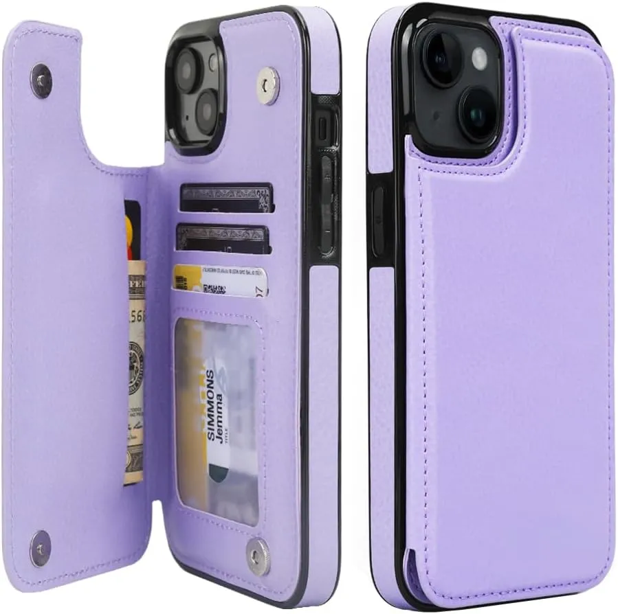 iPhone 15 Plus Wallet Case Card Holder Slot Folio Flip PU Leather Kickstand Double Magnetic Clasp