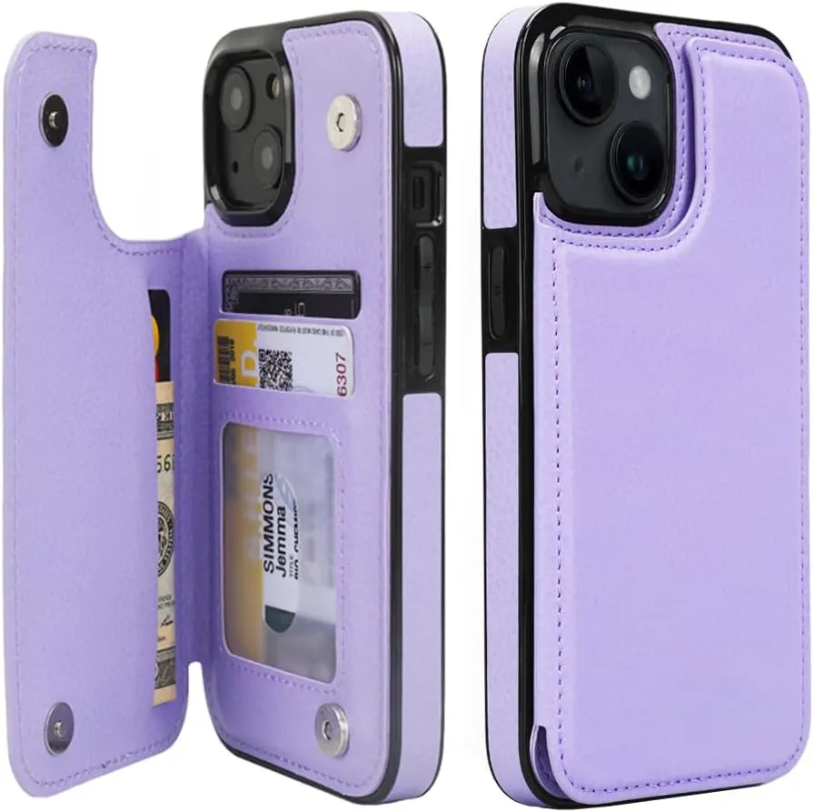 iPhone 15 Plus Wallet Case Card Holder Slot Folio Flip PU Leather Kickstand Double Magnetic Clasp