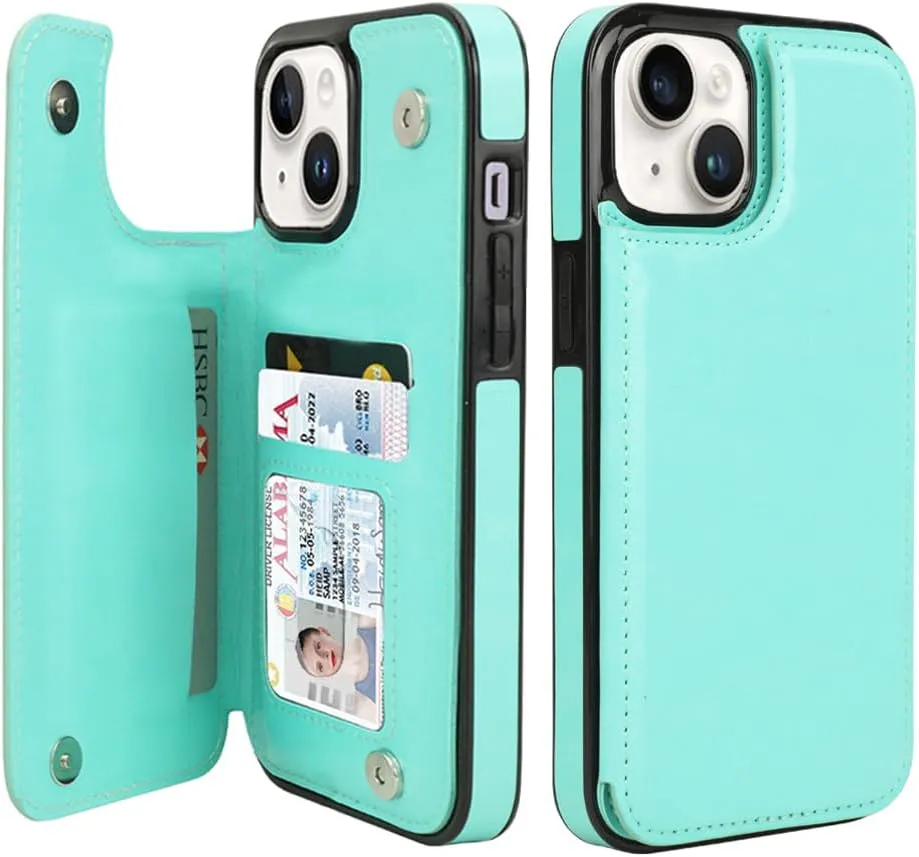 iPhone 15 Plus Wallet Case Card Holder Slot Folio Flip PU Leather Kickstand Double Magnetic Clasp